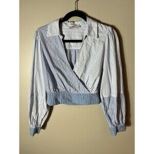 Bailey44 Women’s Size 4 Blue & White Stripe Cropped Faux Wrap Long Sleeve